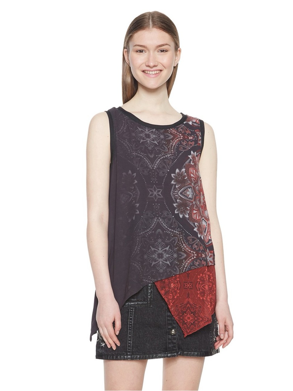 Desigual Sleeveless Black & Red Asymmetric Printed Tank Top
